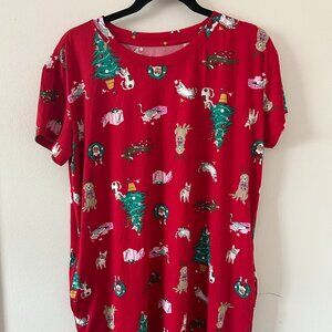 Joyspun Red Christmas Dogs & Cats Pajama T-Shirt Dress Size S/M